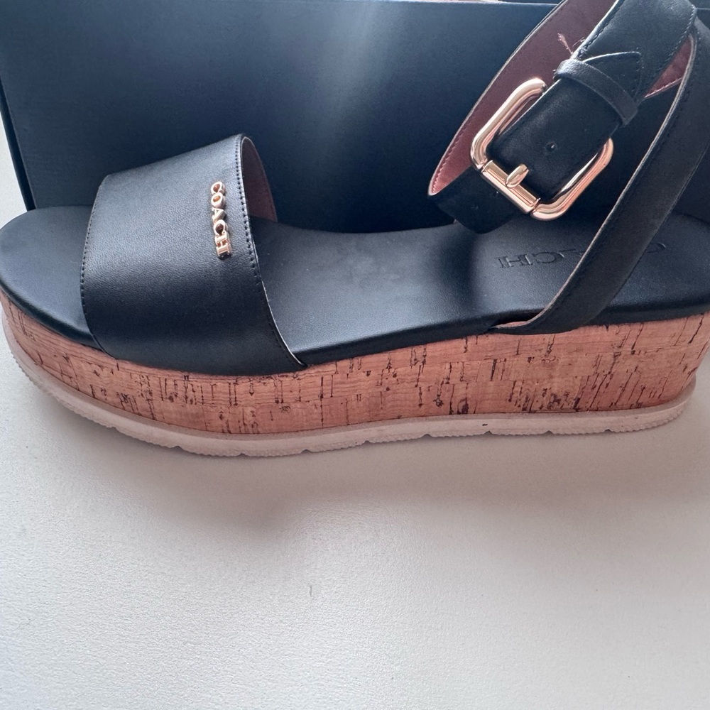 Coach Black Leather Cork Platform Sandals with Gold-Tone Buckle